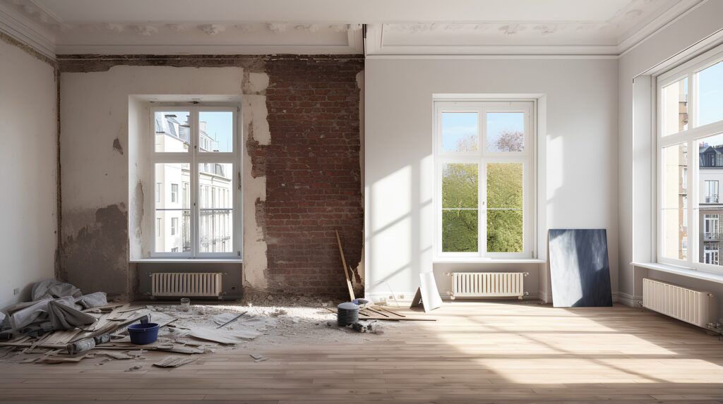 Wohnraum im Vorher-Nachher-Zustand während der Renovierung – links unsaniert, rechts modernisiert.
